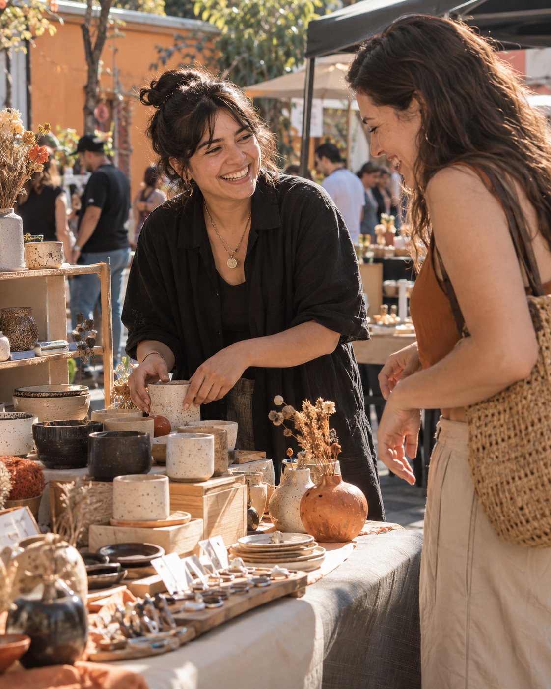 Una emprendedora conversa con una clienta en un mercado creativo.